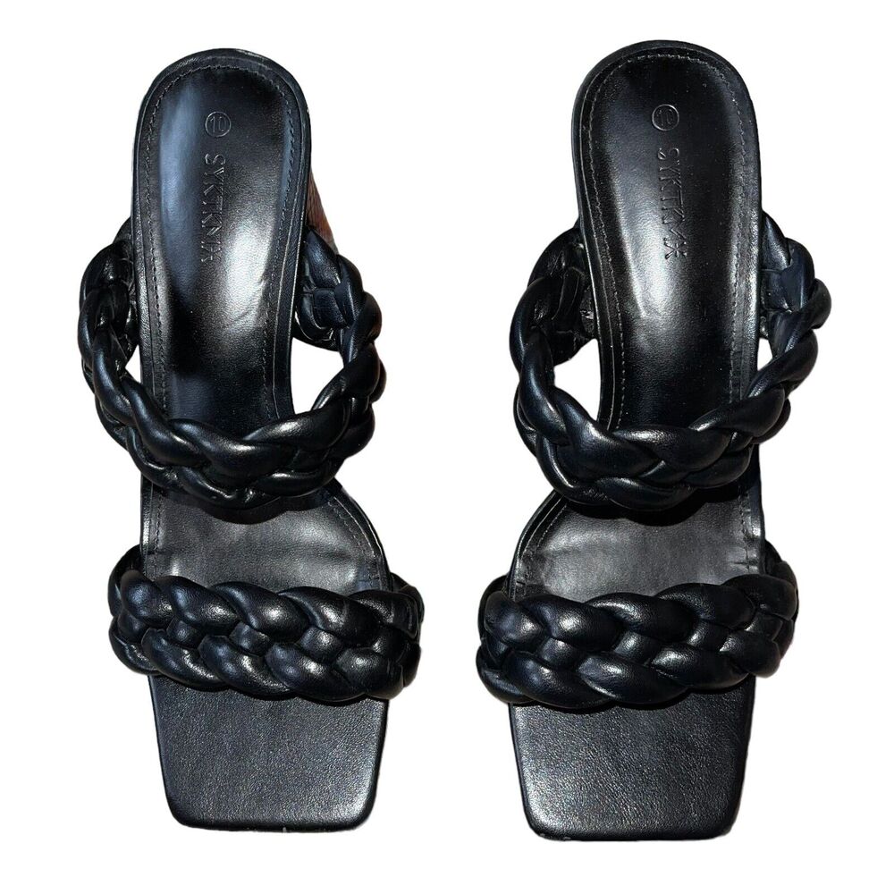 Black Faux Leather Sandals Braided Square Toe - Picture 3 of 9